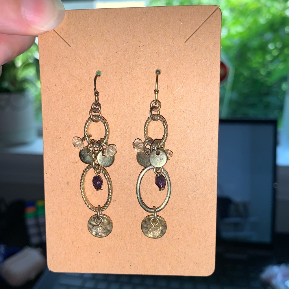 CUTE Gold and Purple Dangle Earrings. With plastic backs.